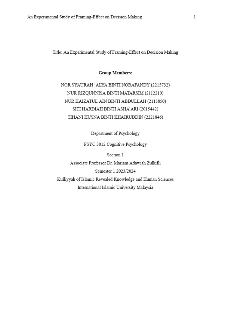 An Experimental Study of Framing-Effect On Decision Making 2 | PDF ...