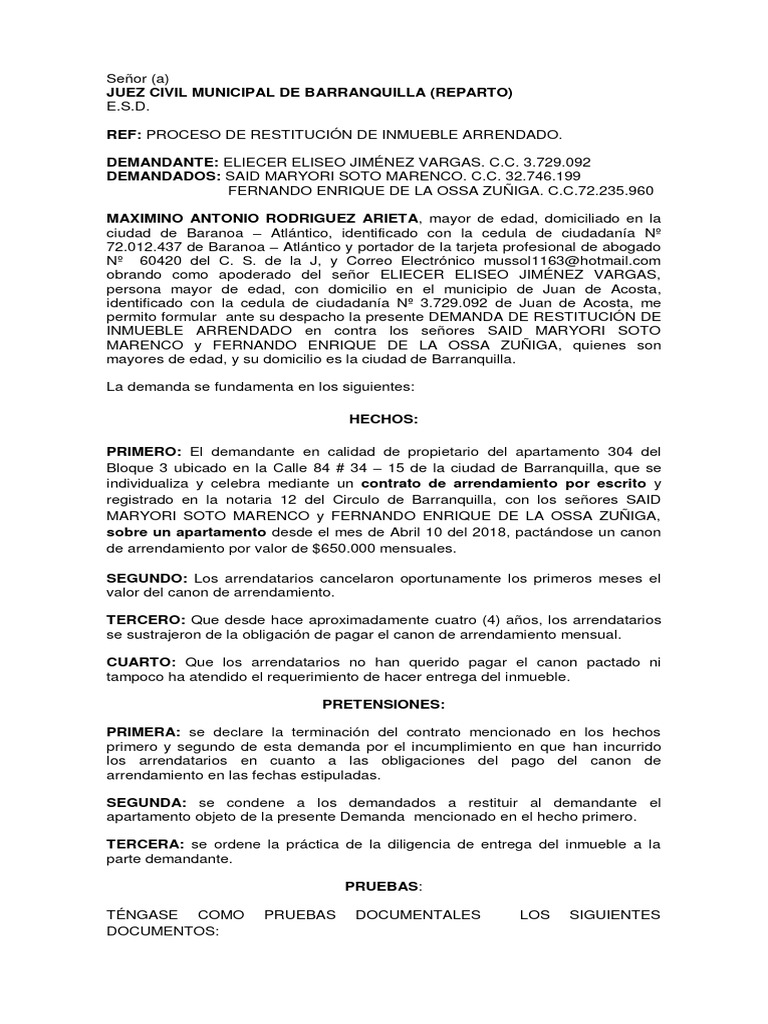 Demanda de Restitución de Inmueble Arrendado | PDF | Demanda judicial ...