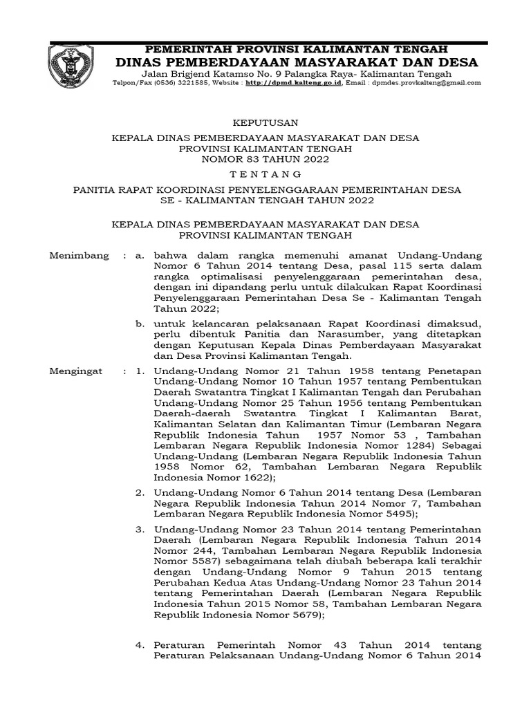 Rapat Koordinasi Pemerintahan Desa Kalteng 2022 | PDF