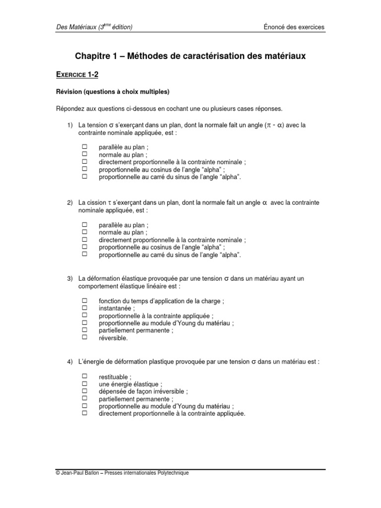 Exercices sur la caractérisation des matériaux | PDF | Élasticité ...