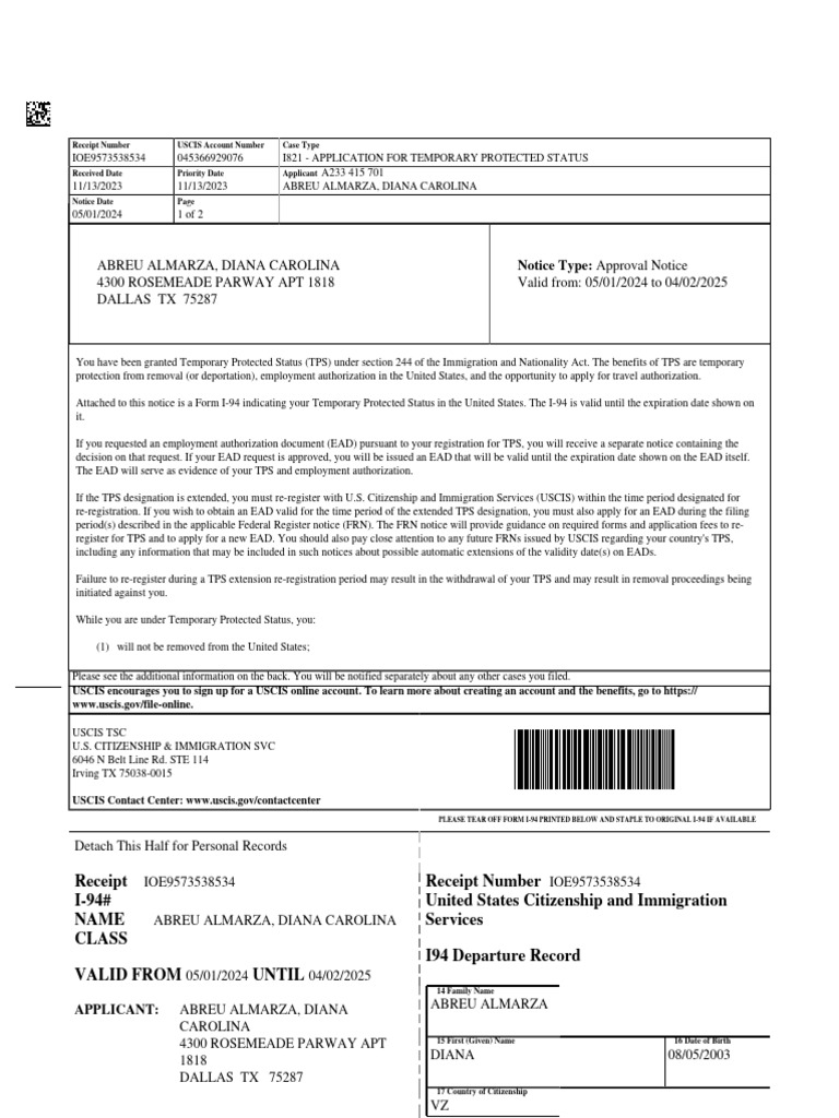 TPS Approval With I-94 | PDF | International Law | Immigration