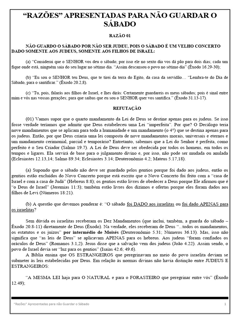 Razões para Não Guardar o Sábado | PDF | Shabat | Os Dez Mandamentos