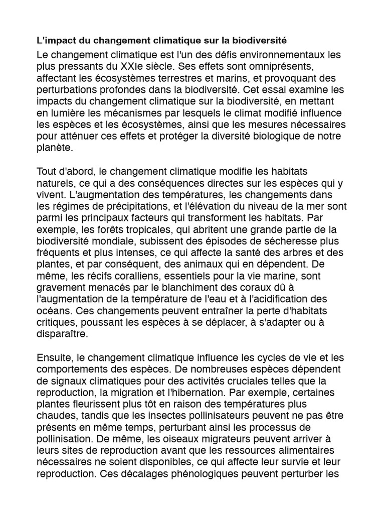 Impact du changement climatique sur la biodiversité | PDF ...