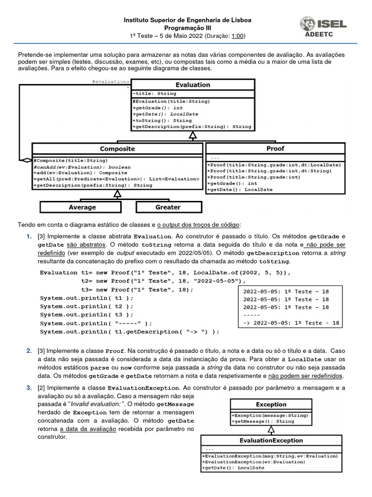 Implementação de Avaliações em Java | PDF | Classe (programação de ...
