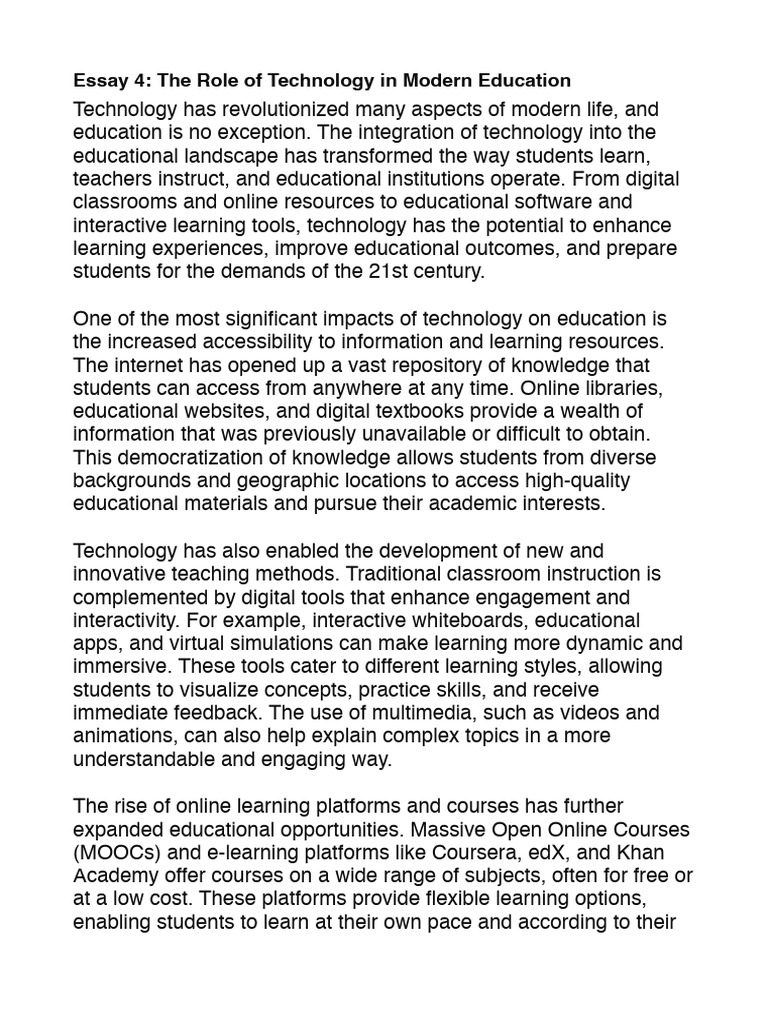 Essay 4 the role of technology in modern education pdf educational