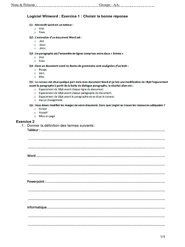 Exercice sur Winword et définitions clés | PDF | Suites bureautiques ...
