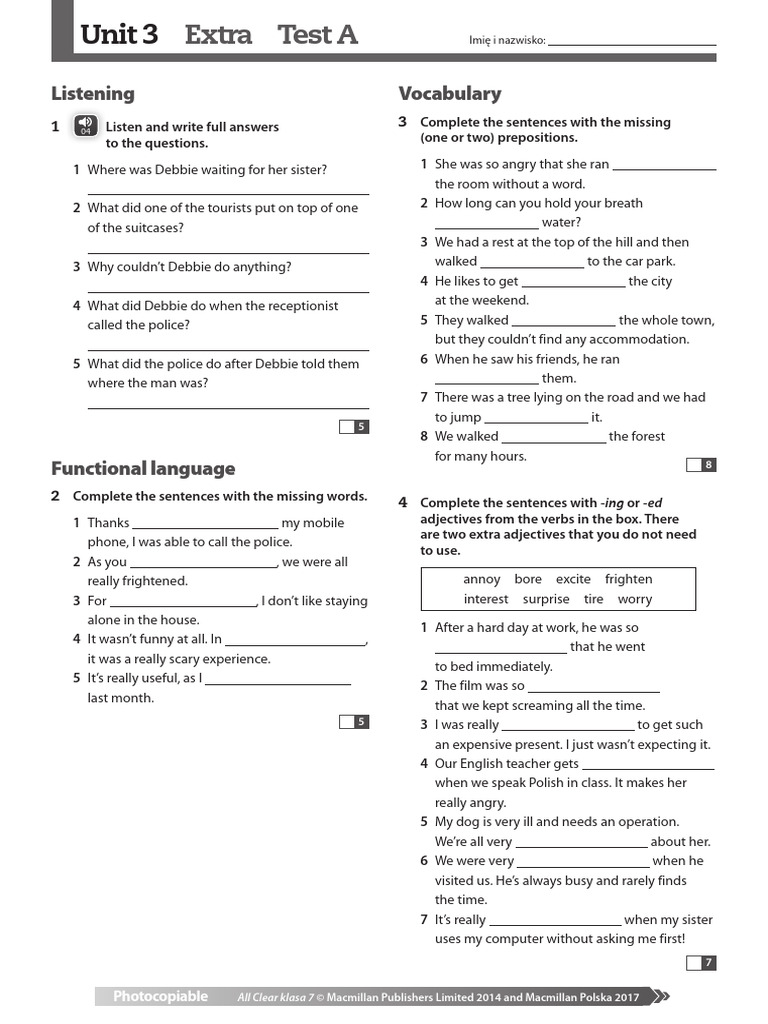 All Clear kl7 Unit3 Extra Test A | PDF