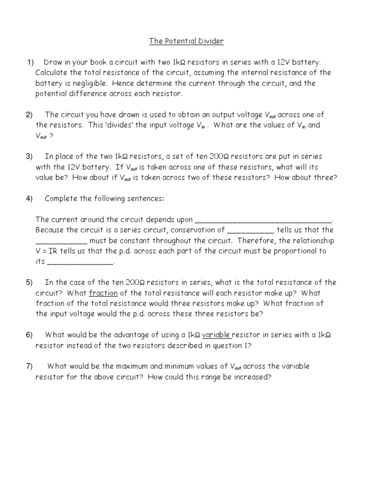 Potential Divider Worksheet Guide | PDF | Teaching Methods & Materials ...