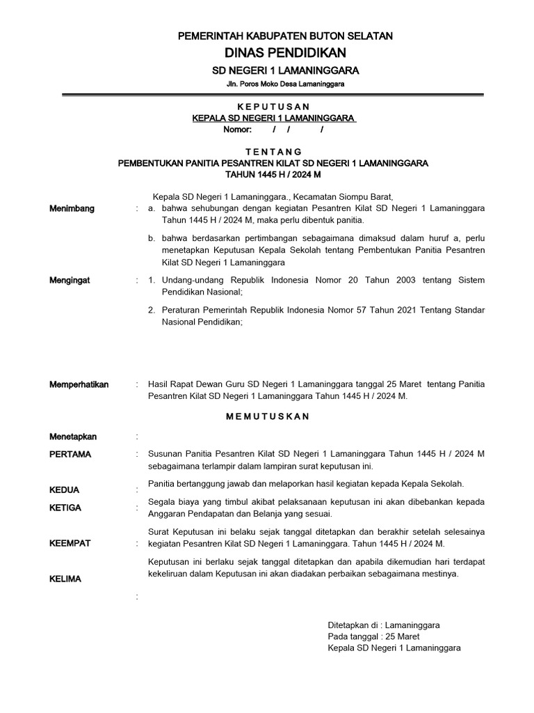 Pembentukan Panitia Pesantren Kilat 2024 | PDF