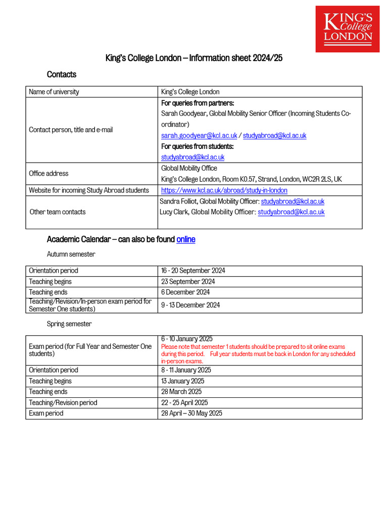 KCL Academic Calendar 2024/25 Overview | PDF | Travel Visa | Postgraduate Education