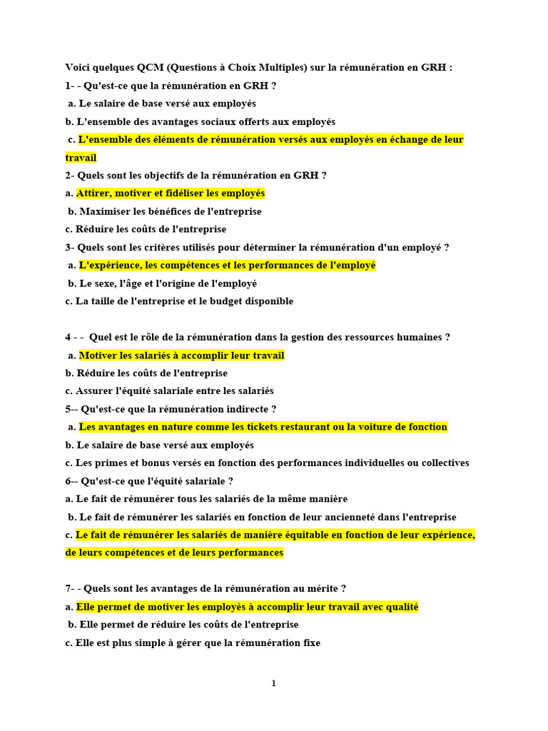 QCM sur la Rémunération en GRH | PDF | Business | Gestion des ...