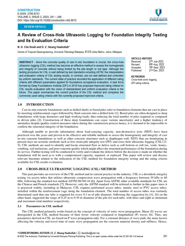 A Review of CrossHole Ultrasonic Logging For Foundation Integrity
