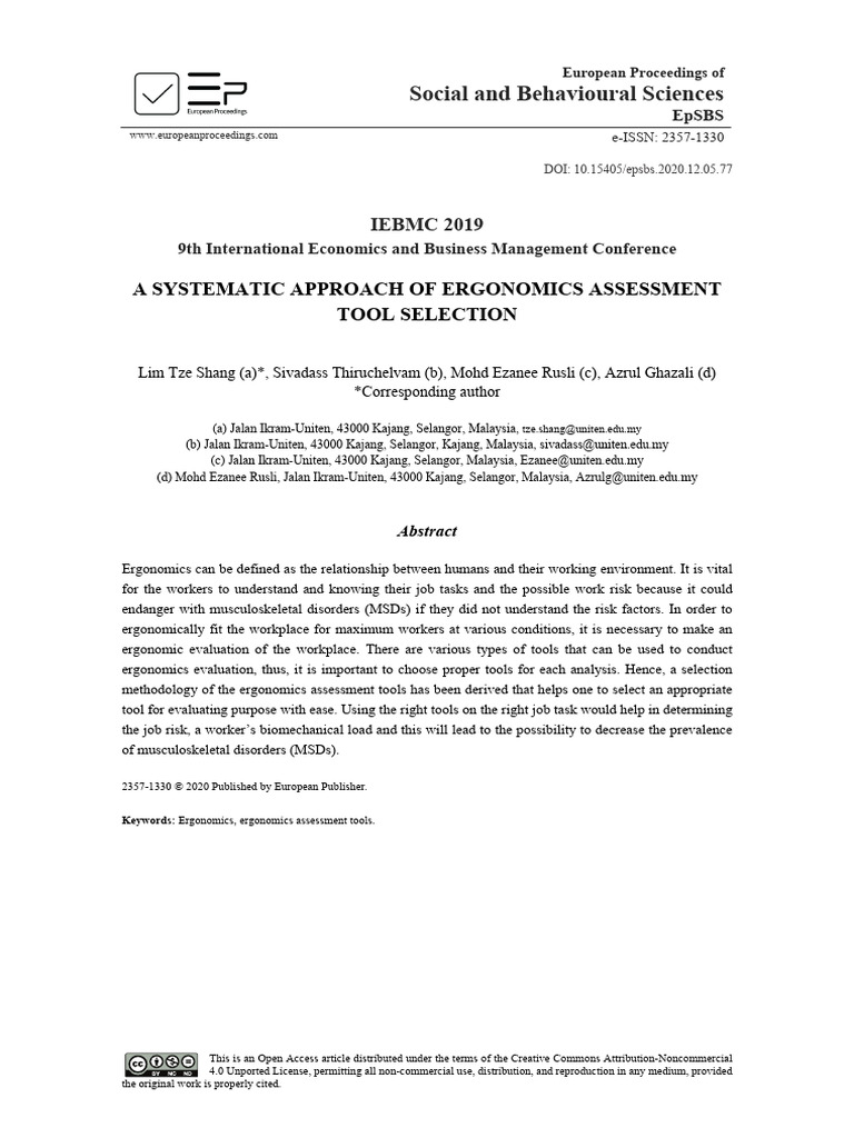 A Systematic Approach Of Ergonomics Assessment Tool Selection Pdf