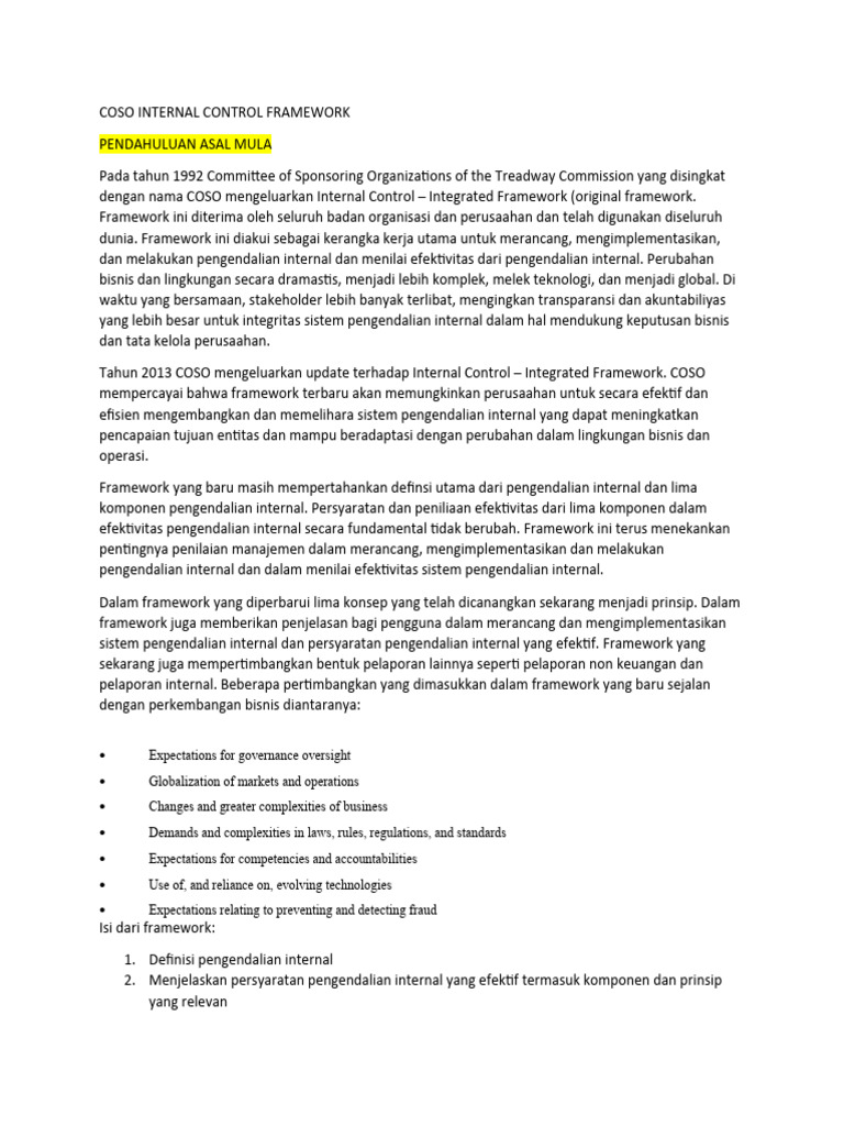 Summary Coso Internal Control Framework Tulisan Pdf