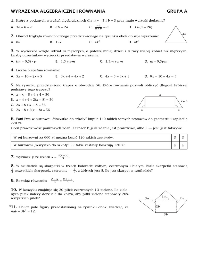 Sprawdzian Matematyka Klasa 8 Wyrażenia Algebraiczne I Równania Praca Klasowa Wyrazenia Algebraiczne i Rownania 8 Klasa 1 | PDF