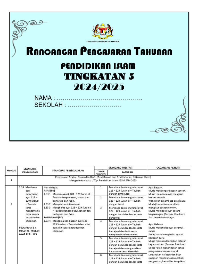 RPT Form 5 PENDIDIKAN ISLAM TAHUN 2024-2025 | PDF
