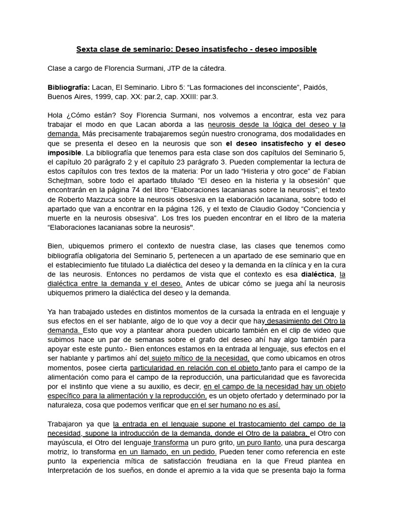 Deseo Insatisfecho e Imposible en Lacan | PDF | Jacques Lacan | Neurosis