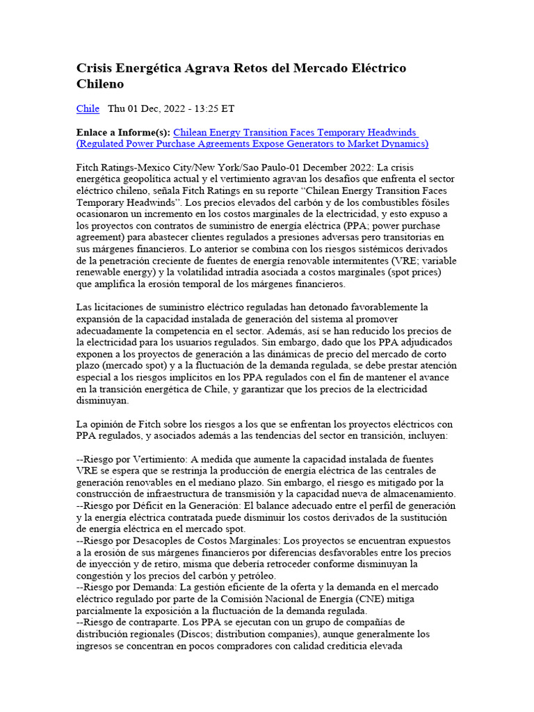 Crisis Energética y Mercado Eléctrico en Chile | PDF | Uso eficiente de ...