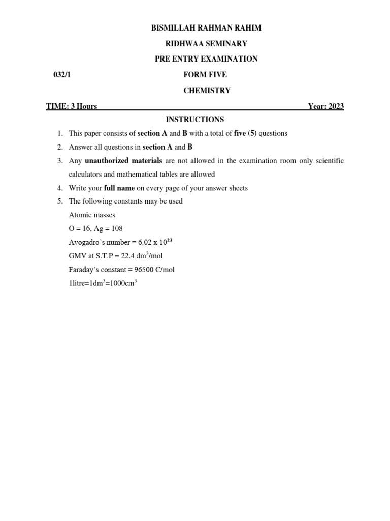 Chemistry Form Five Pre Entry Examination | PDF | Chlorine | Hydroxide