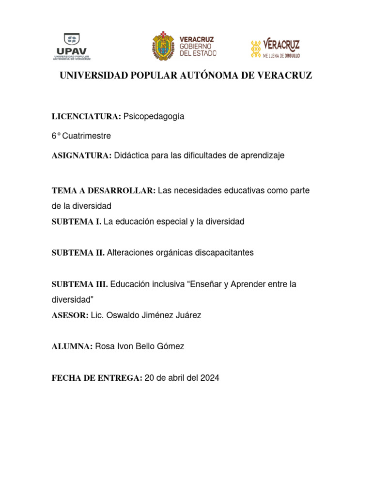 Trabajo Final Oswaldo | PDF | Invalidez | Educación especial
