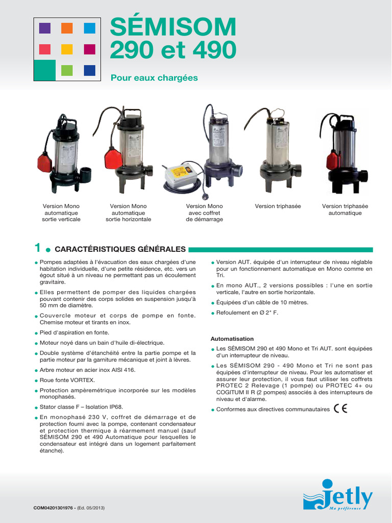 Pompe Jetly Semisom 290 : Caractéristiques | PDF | Pompe | Acier inoxydable