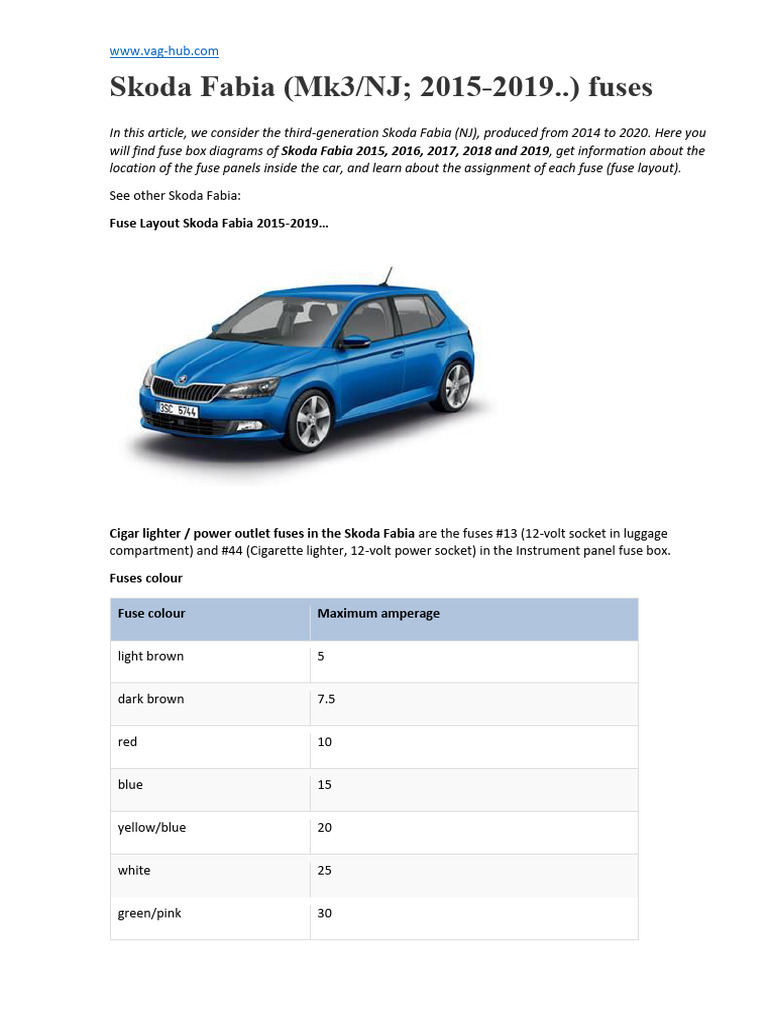 skoda fabia cigarette lighter fuse Skoda Fabia 2015-2019 Fuse Diagrams | PDF | Anti Lock Braking System