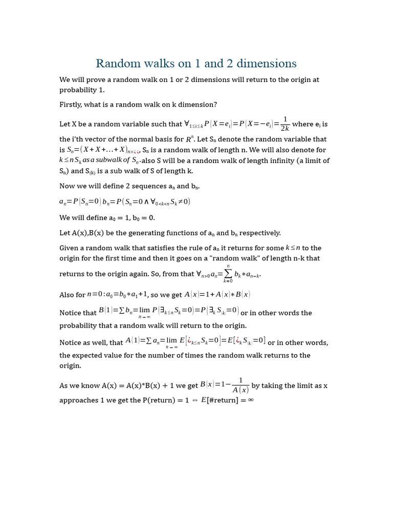 Random Walks On 1 and 2 Dimensions | PDF | Basis (Linear Algebra ...