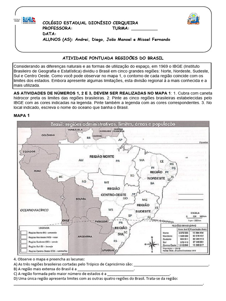 Atividades sobre Regiões do Brasil 7º Ano | PDF