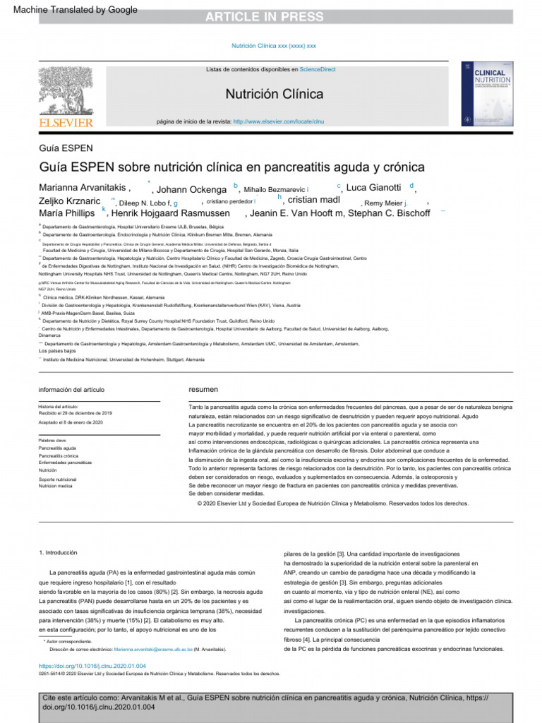 ESPEN Guideline On Clinical Nutrition in Acute and Chronic Pancreatitis ...