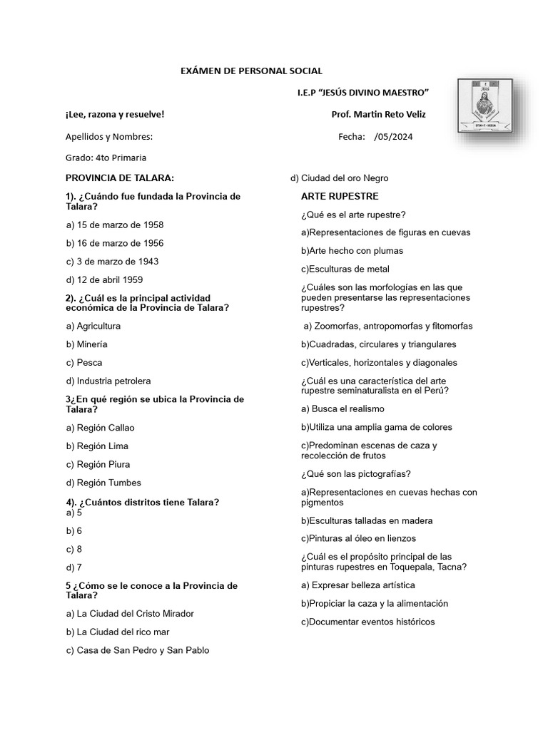 Examen de Personal Social 4to Primaria | PDF | Arte roquero | Las artes