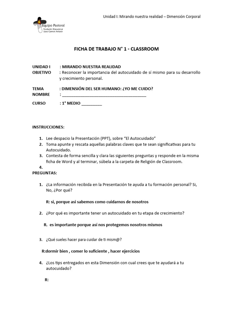Ficha de Trabajo 1 - 1°MEDIO | PDF | Crecimiento personal y profesional ...