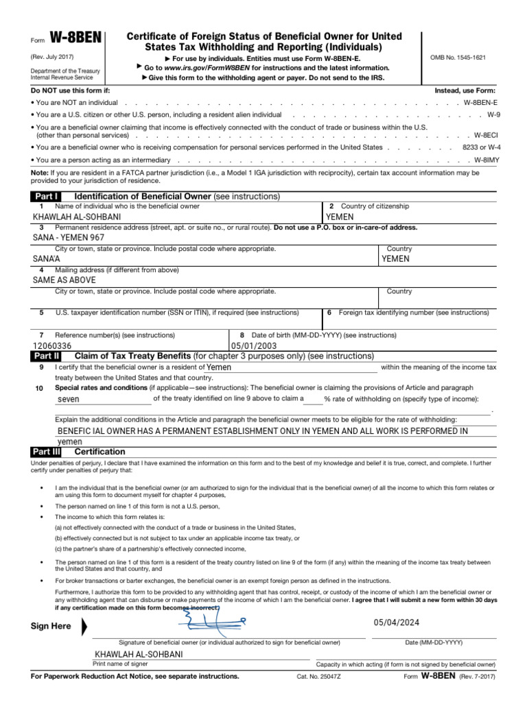 W-8BEN - Certificate of Foreign Status of Beneficial Owner | PDF | Irs ...