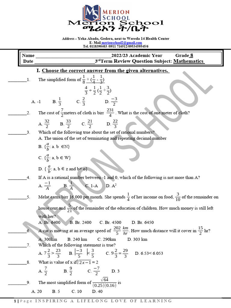 Grade 8 Mathematics Review Questions | PDF | Numbers | Arithmetic