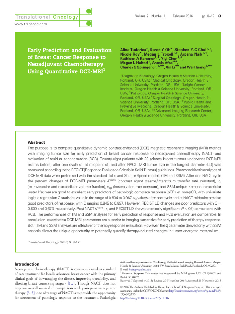 Early Prediction and Evaluation of Breast Cancer Response To ...