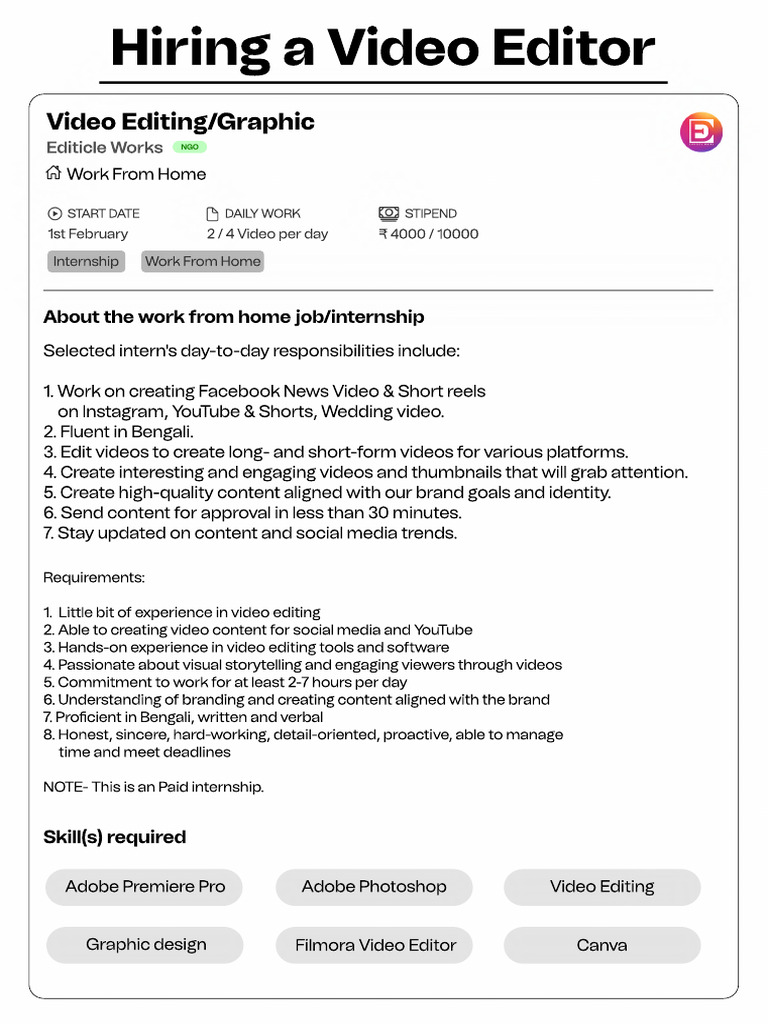 Video Editor Internship at Editicle Works | PDF