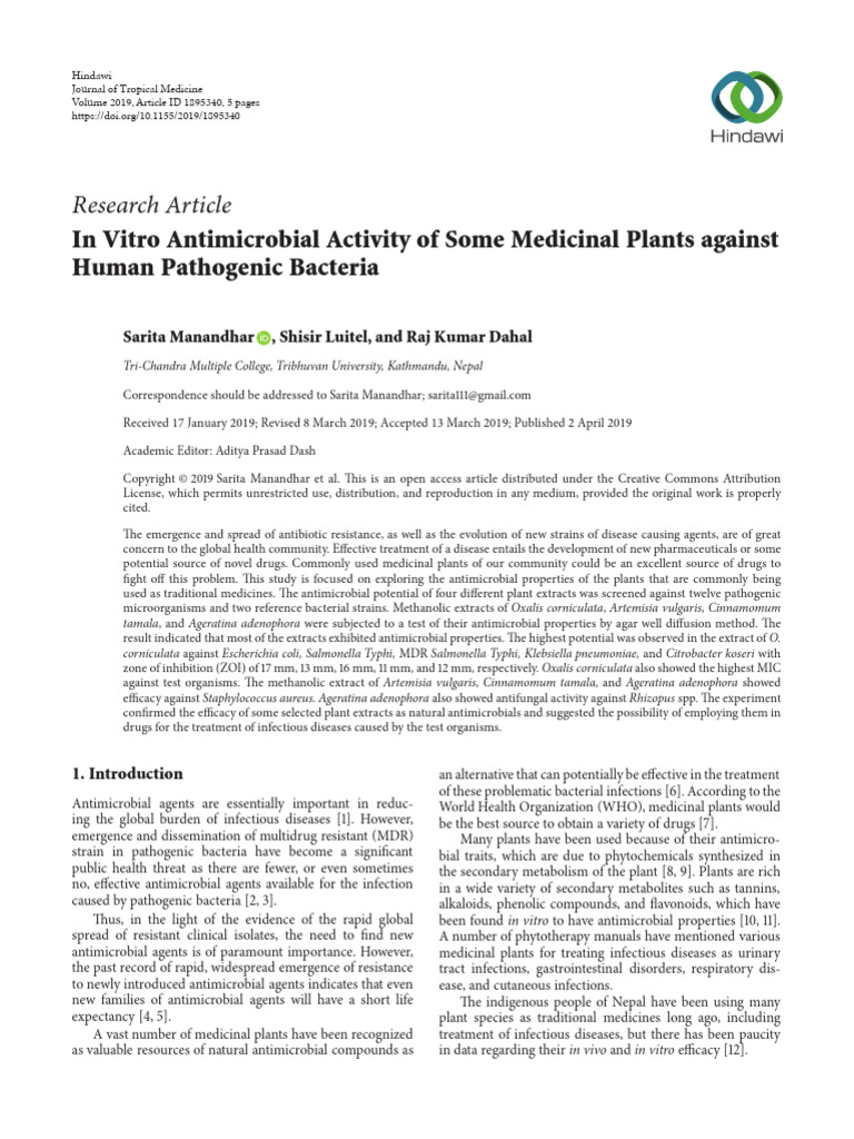 In Vitro Antimicrobial Activity of Some Medicinal Plants Against Human ...