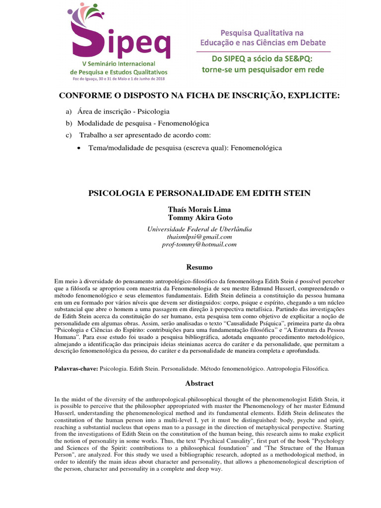 Personalidade na Fenomenologia de Stein | PDF | Fenomenologia ...
