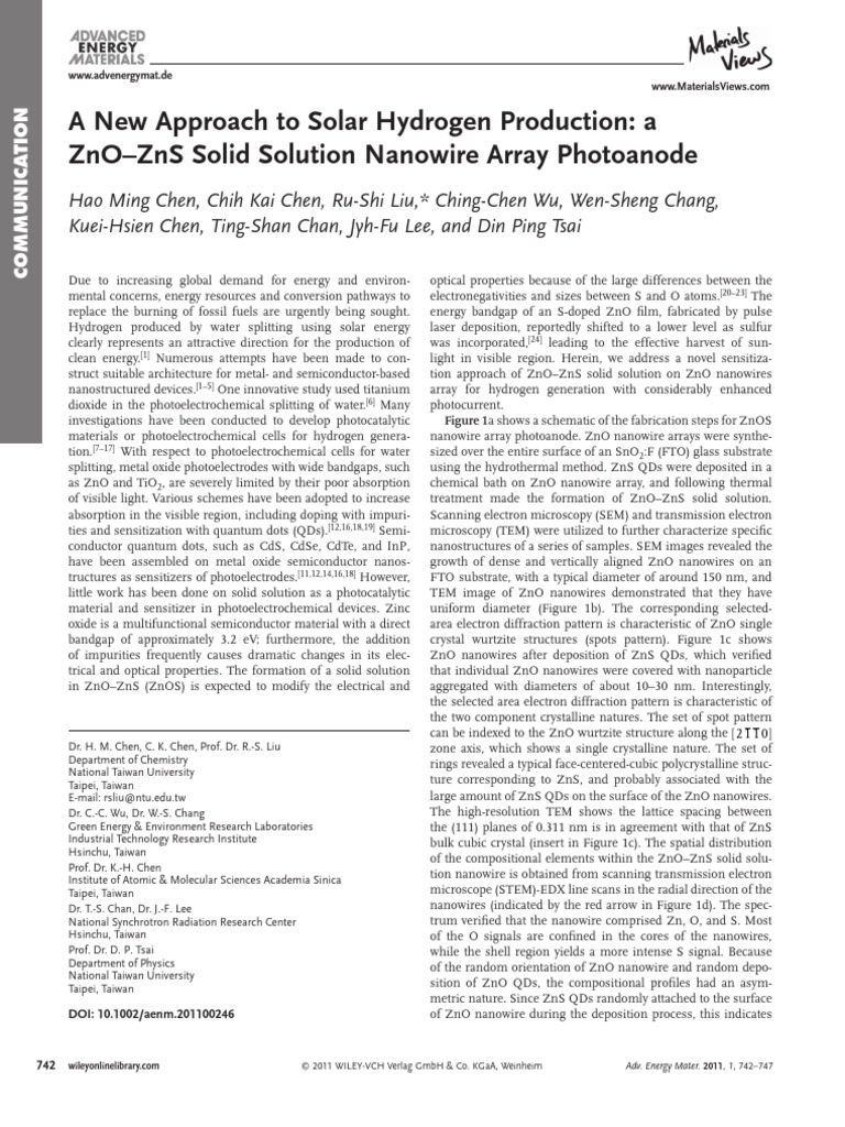 A New Approach To Solar Hydrogen Production A ZnO | PDF | Zinc Oxide ...