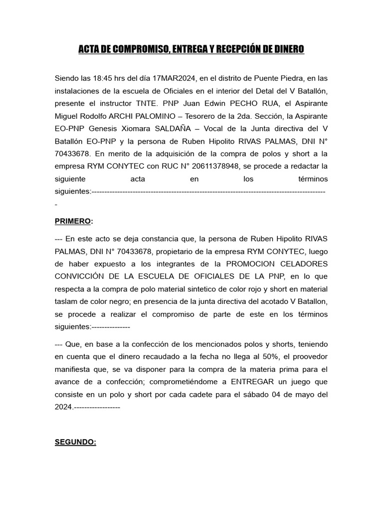 Acta de Entrega de Dinero para Uniformes | PDF | Negocios | Finanzas y ...