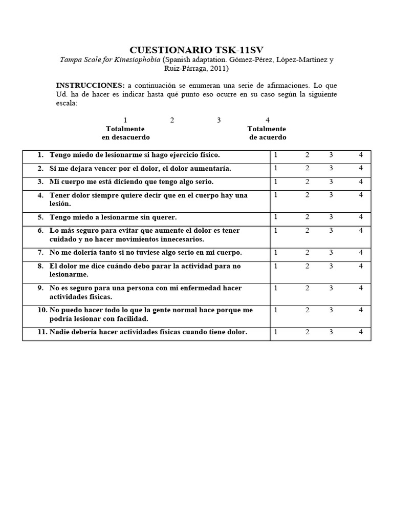 Cuestionario TSK-11SV sobre Kinesiofobia | PDF