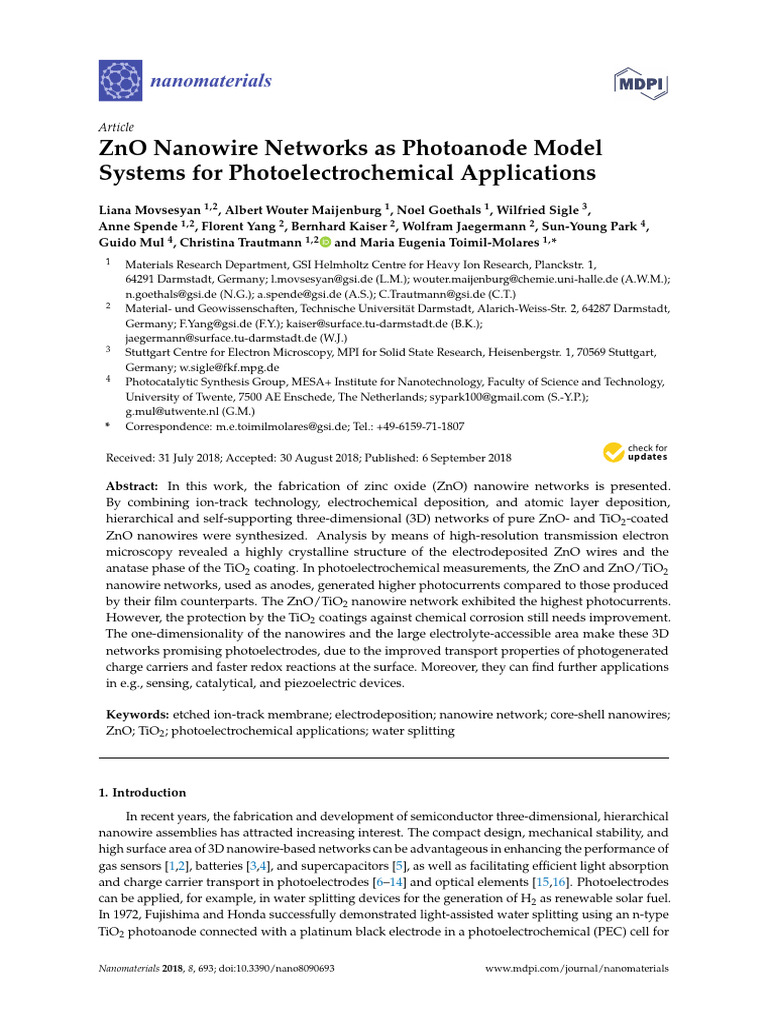 ZnO Nanowire Networks for Photoelectrochemistry | PDF | Nanowire | Zinc ...