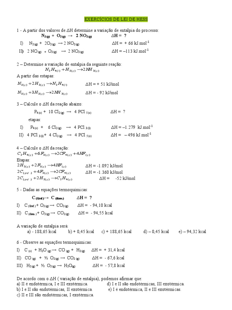 Exercícios de Lei de Hess | PDF