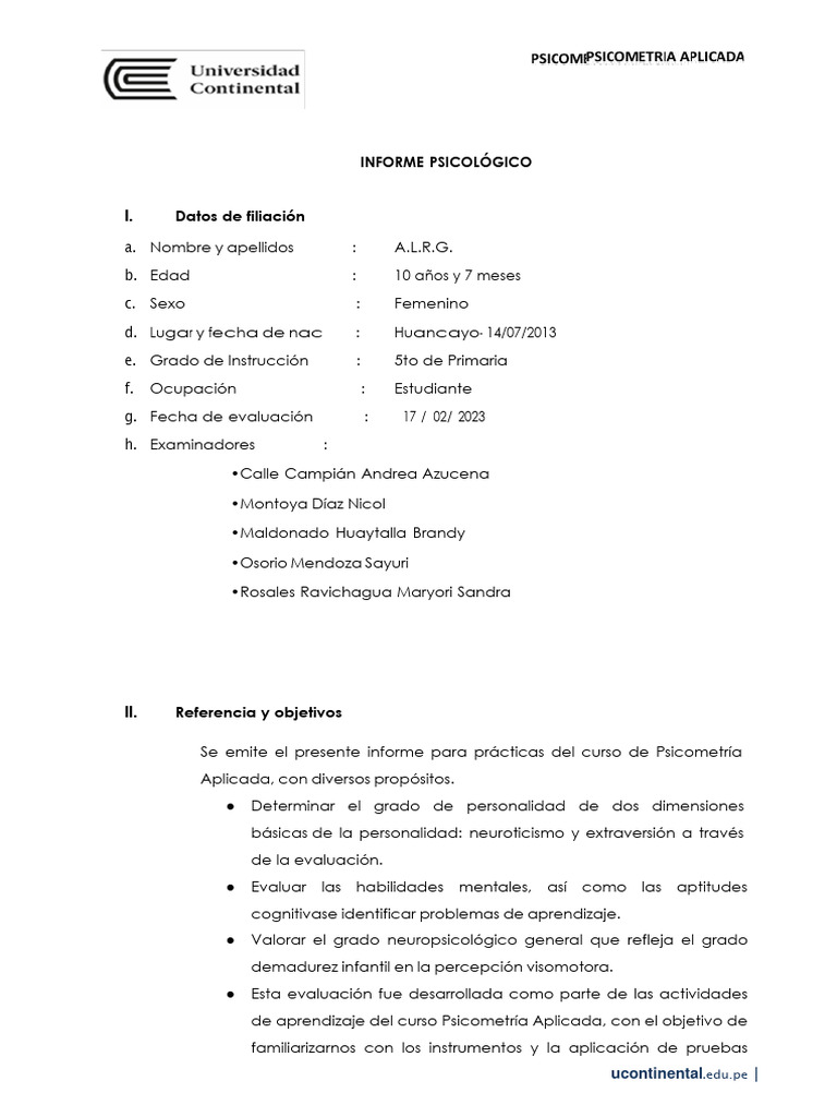 Informe Psicológico de Evaluación Infantil | PDF | Cociente de ...