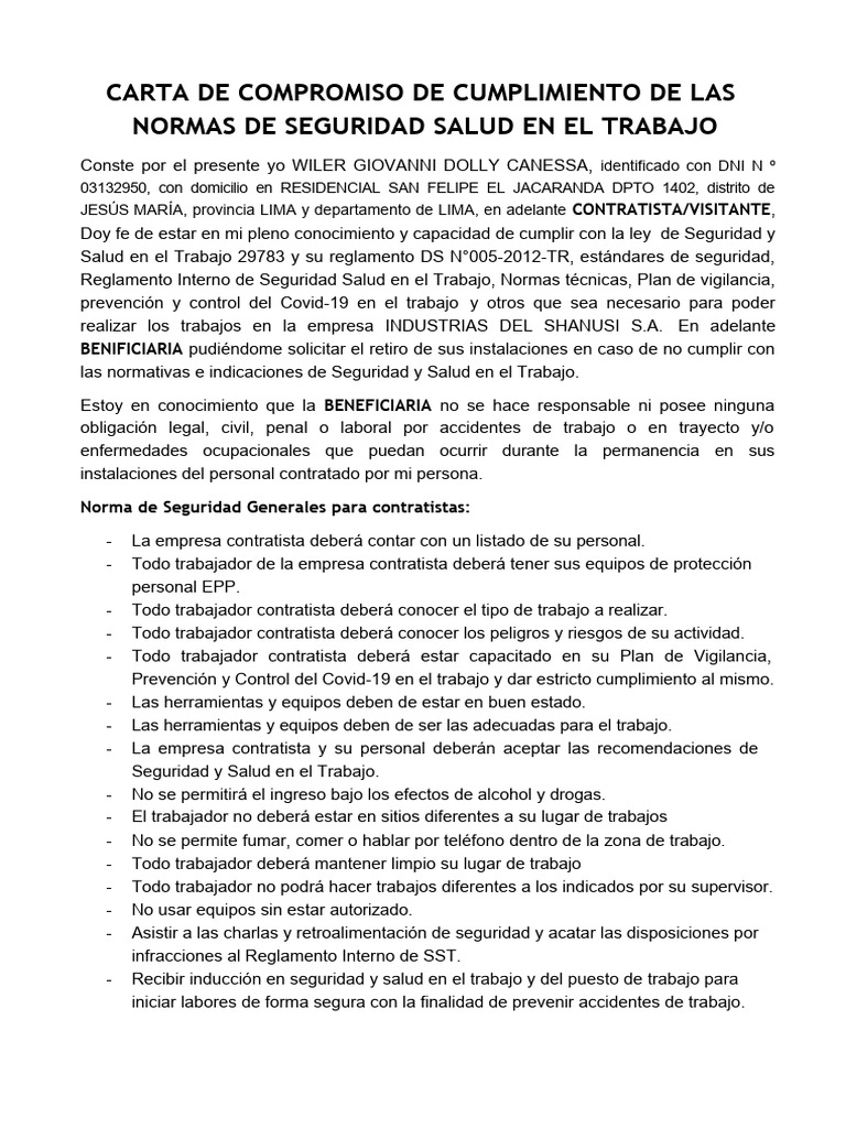 Compromiso de Seguridad Laboral | PDF | Negocios | Finanzas y dinero