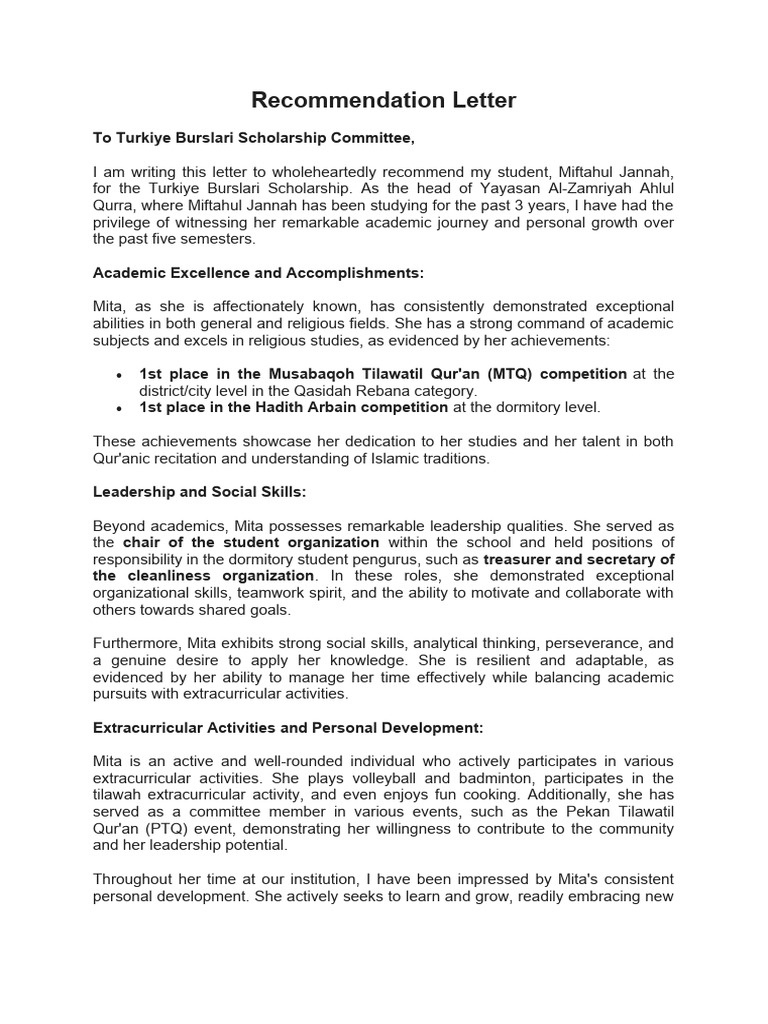 Recommendation for Turkiye Burslari Scholarship | PDF | Leadership ...
