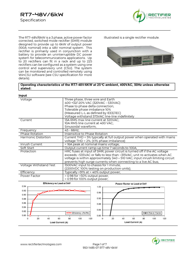 RT7-48V/6kW Rectifier Specifications | PDF | Rectifier | Phase (Waves)