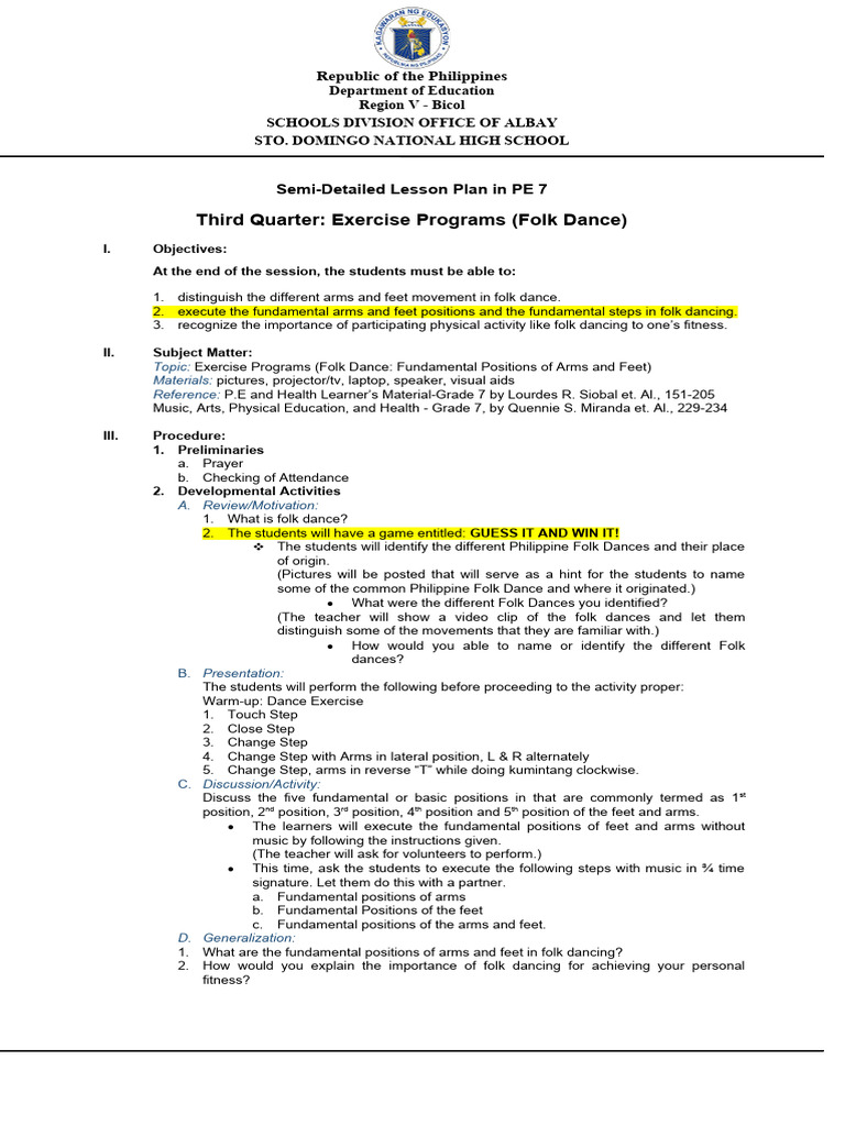 Folk Dance Lesson Plan for PE 7 | PDF | Lesson Plan | Physical Education