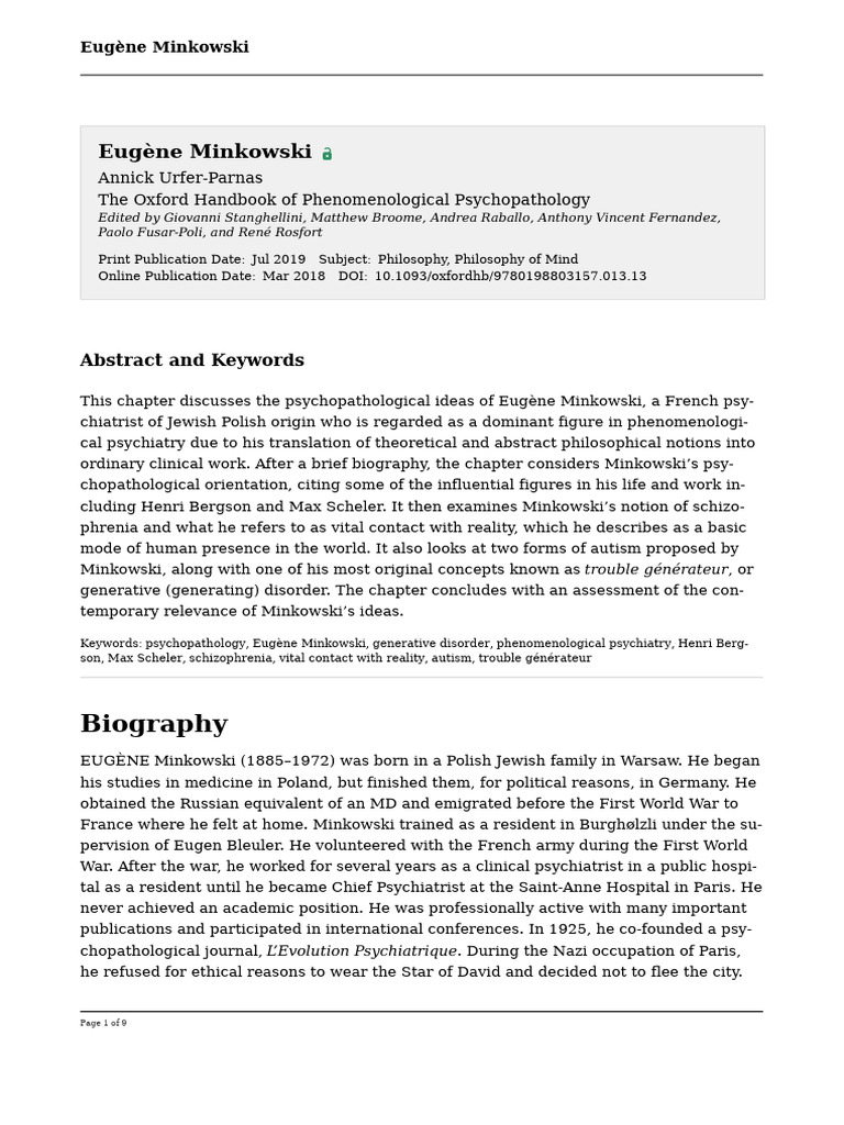 Minkowski Fenomenología | PDF | Mental Health | Abnormal Psychology