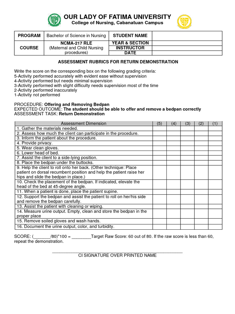 RUBRIC Offering and Removal of Bedpan PDF