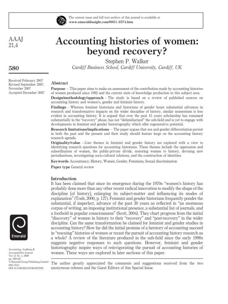 Accounting Histories of Women Beyond Recovery | PDF | Feminism | Gender ...